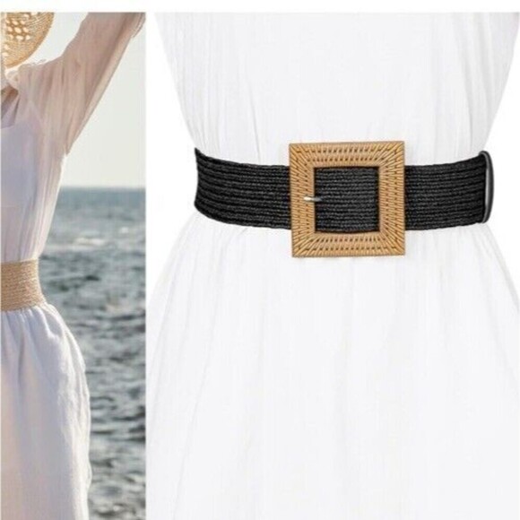 Square Wooden Buckle Straw Rattan Elastic Belt Womens One Size Brown/Black - Picture 5 of 13